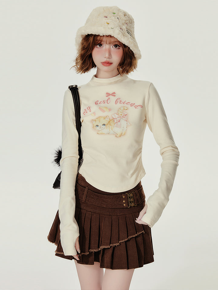 American Cat Print Small High-Neck Long-Sleeve Spring/Autumn T-Shirt