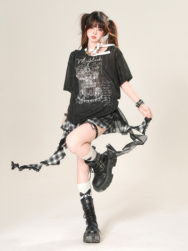 Black/White asymmetrical shoulder short-sleeve T-shirt