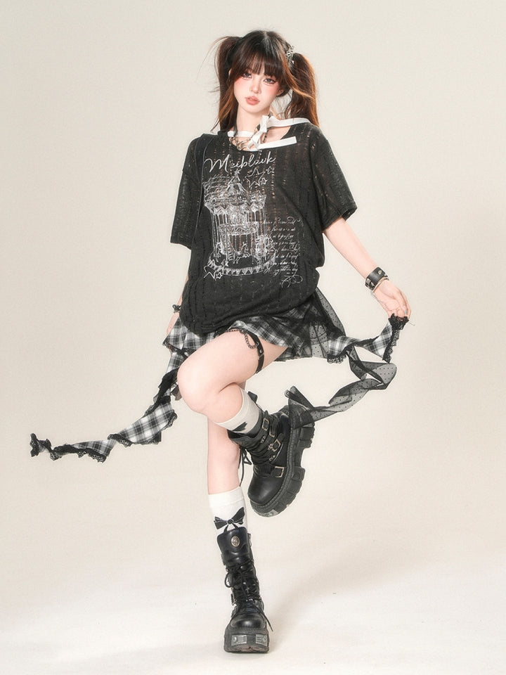 Black/White asymmetrical shoulder short-sleeve T-shirt