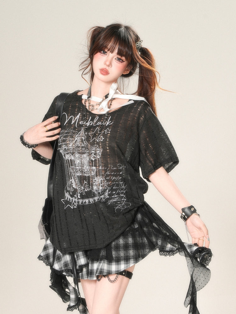 Black/White asymmetrical shoulder short-sleeve T-shirt