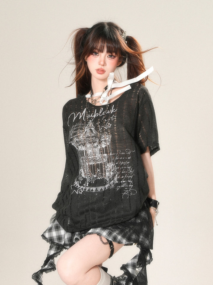 Black/White asymmetrical shoulder short-sleeve T-shirt