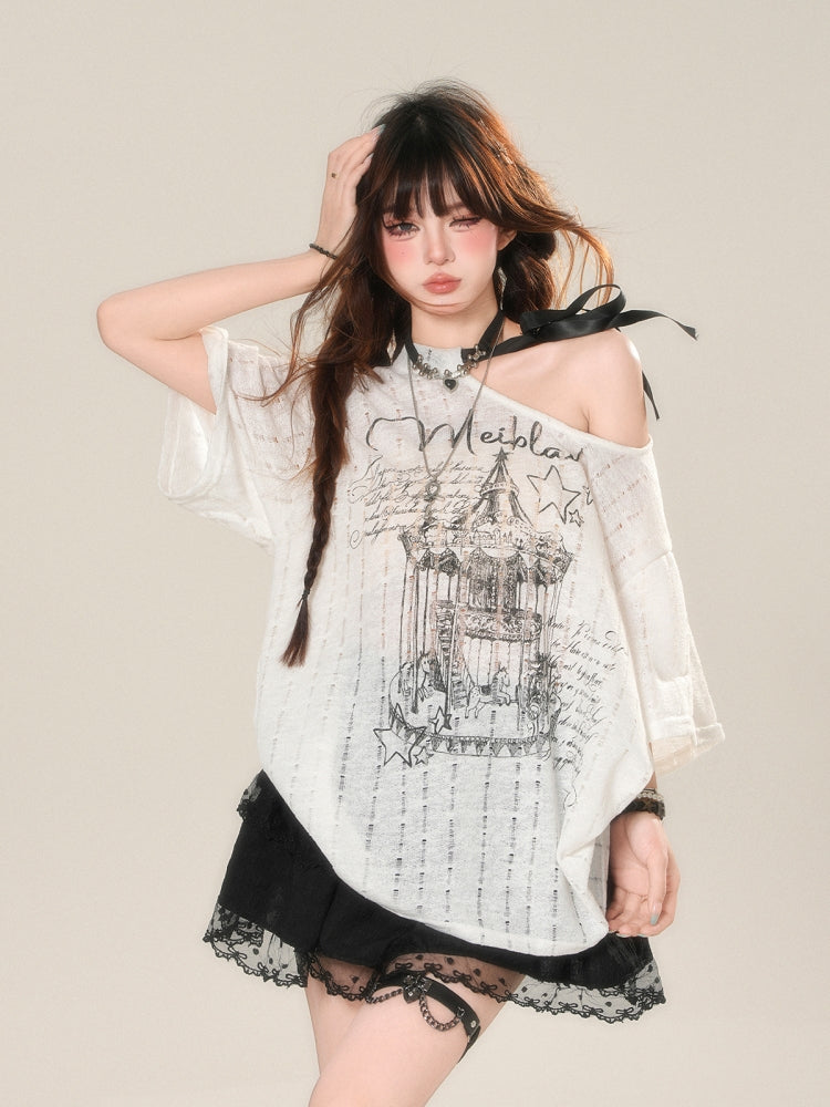 Black/White asymmetrical shoulder short-sleeve T-shirt
