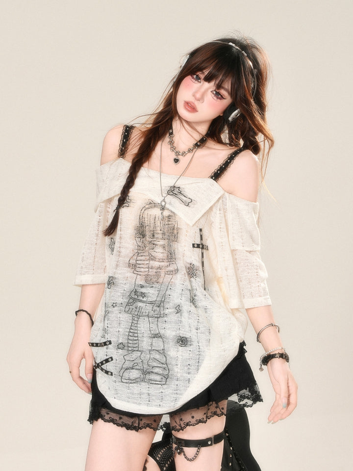 Japanese Anime-Inspired Off-Shoulder Sheer Loose Top