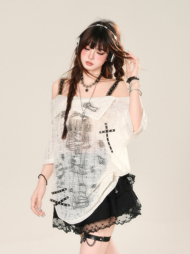 Japanese Anime-Inspired Off-Shoulder Sheer Loose Top