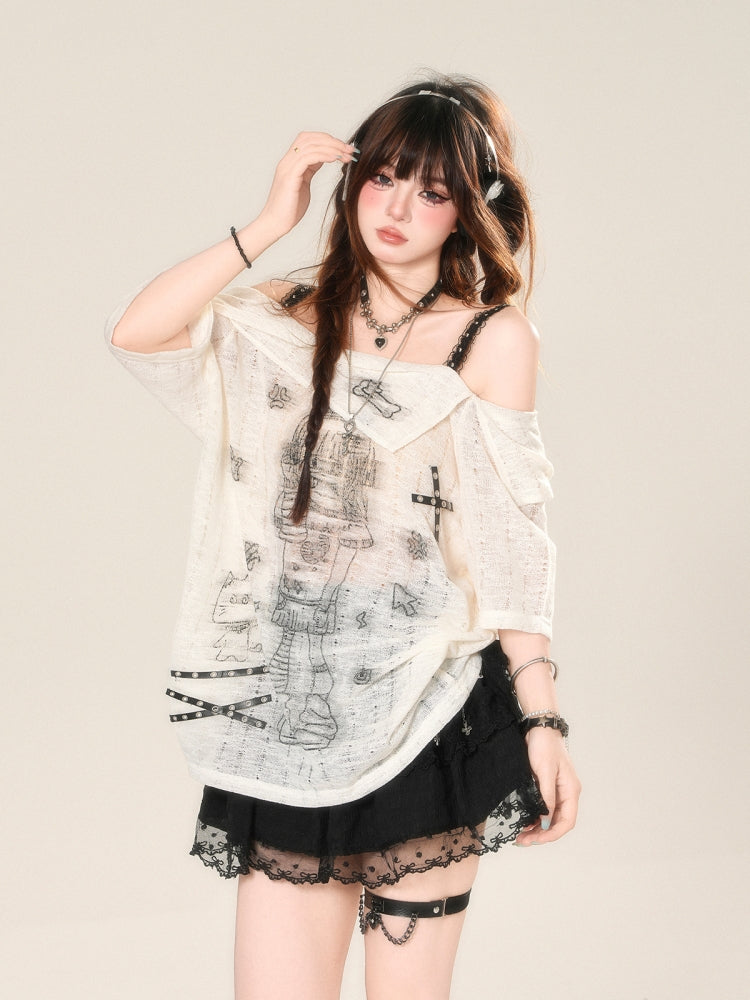 Japanese Anime-Inspired Off-Shoulder Sheer Loose Top