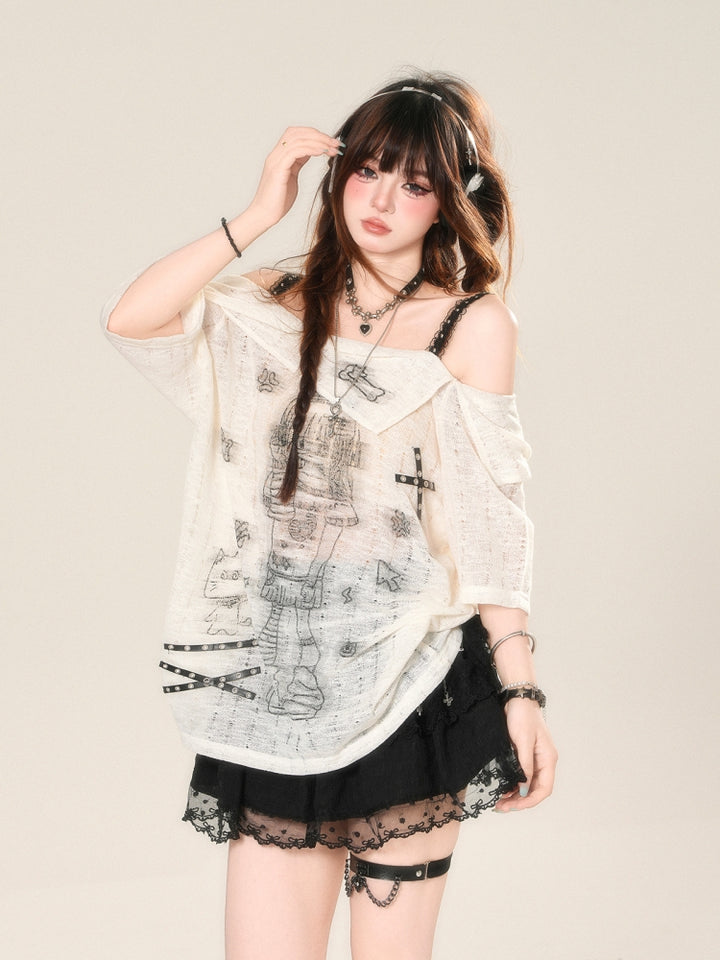 Japanese Anime-Inspired Off-Shoulder Sheer Loose Top
