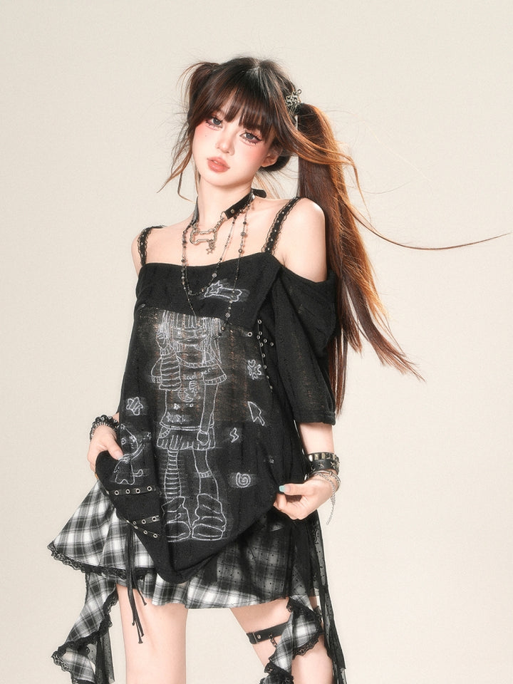 Japanese Anime-Inspired Off-Shoulder Sheer Loose Top