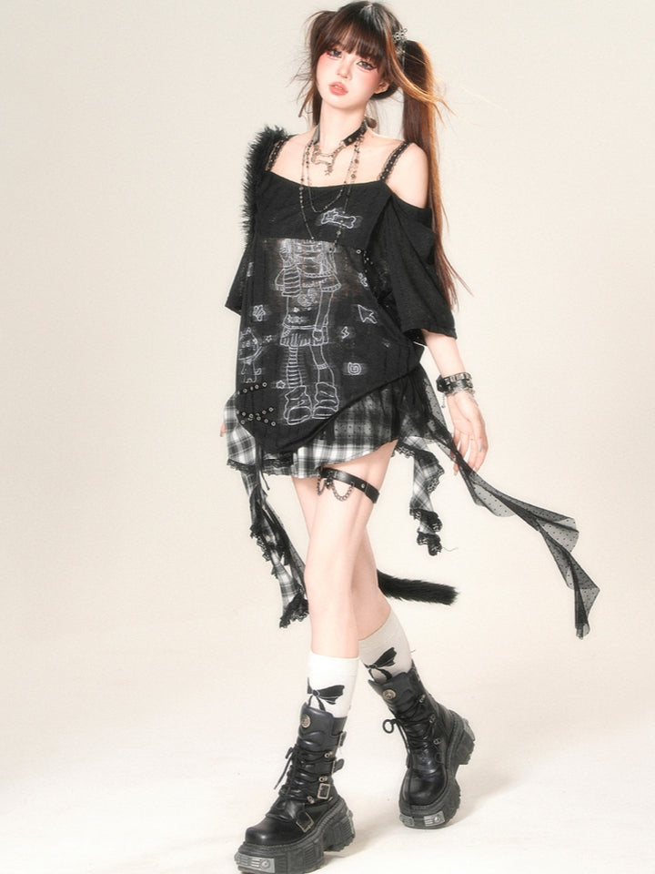Japanese Anime-Inspired Off-Shoulder Sheer Loose Top