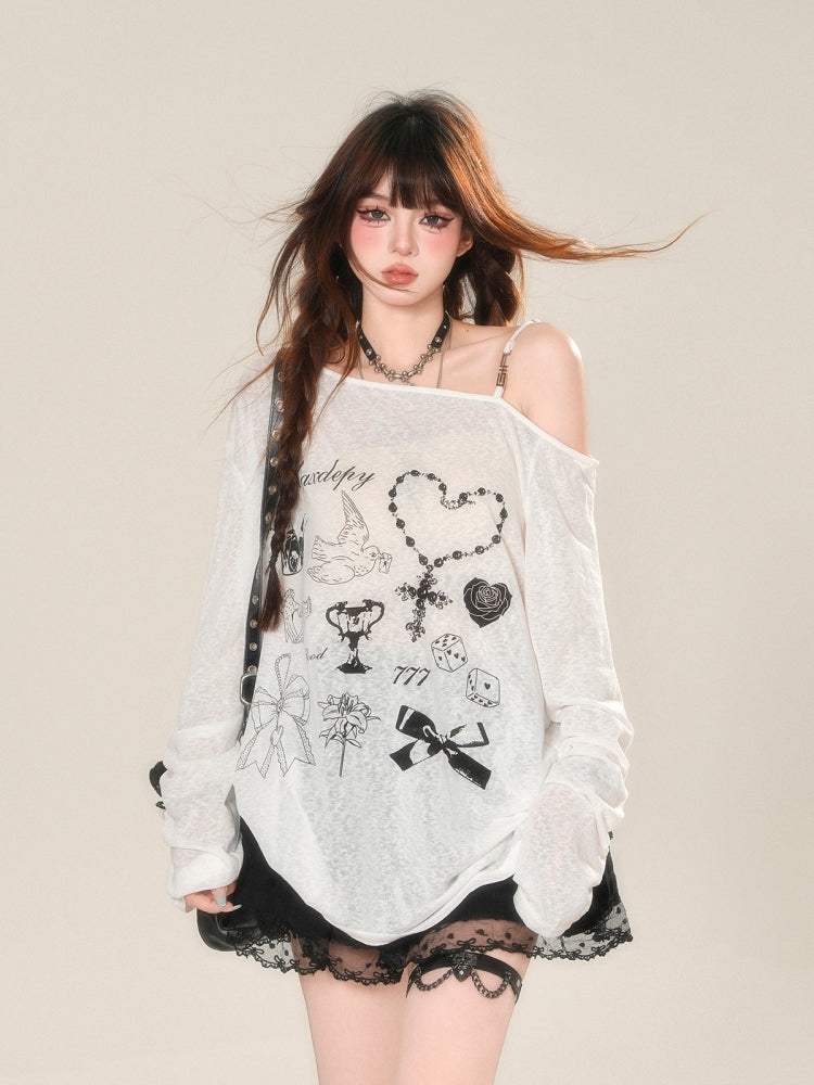 Korean-Style Sheer Off-Shoulder Sun-Protective Loose Cover-Up Shirt