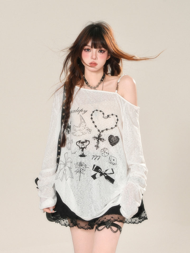 Korean-Style Sheer Off-Shoulder Sun-Protective Loose Cover-Up Shirt