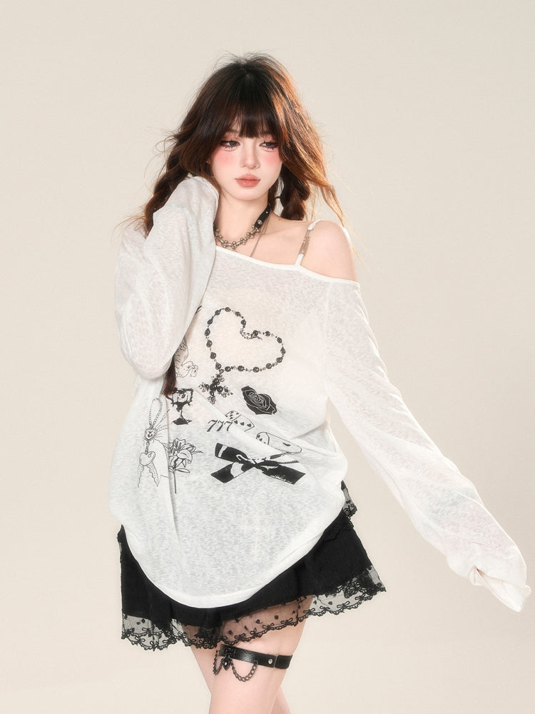 Korean-Style Sheer Off-Shoulder Sun-Protective Loose Cover-Up Shirt