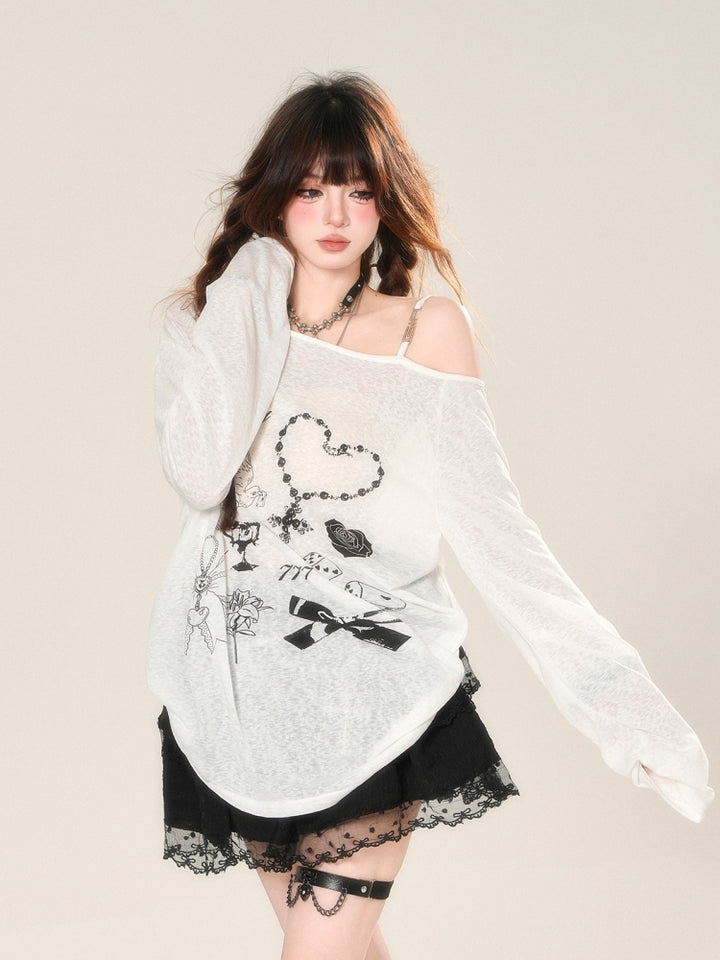 Korean-Style Sheer Off-Shoulder Sun-Protective Loose Cover-Up Shirt
