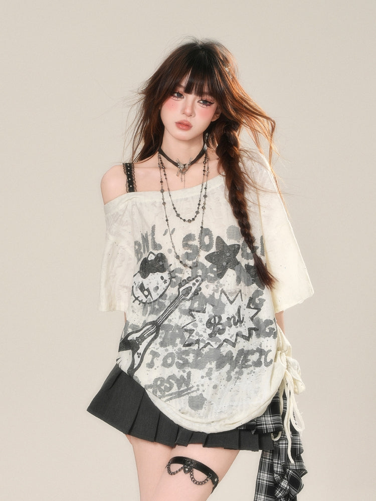 Korean-Style Street Graffiti Loose Off-Shoulder T-Shirt