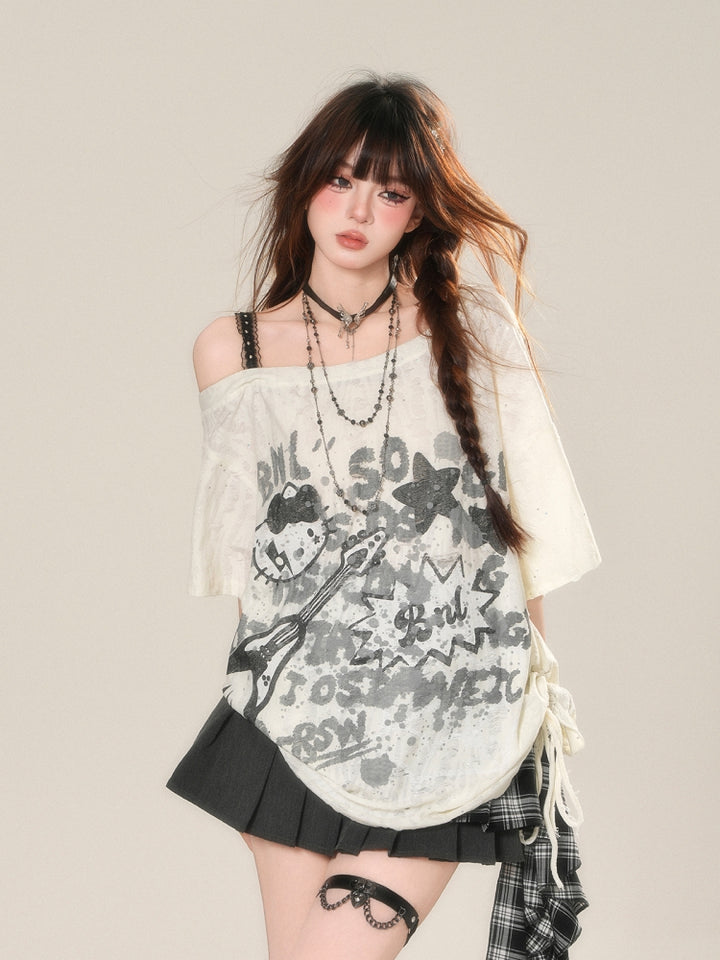 Korean-Style Street Graffiti Loose Off-Shoulder T-Shirt