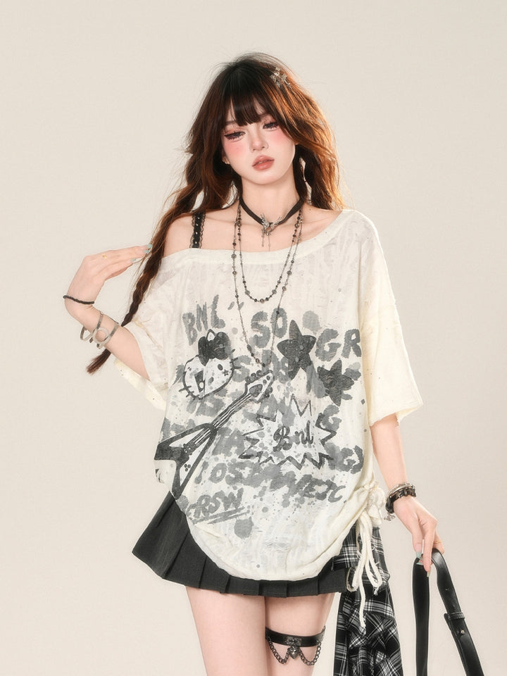 Korean-Style Street Graffiti Loose Off-Shoulder T-Shirt