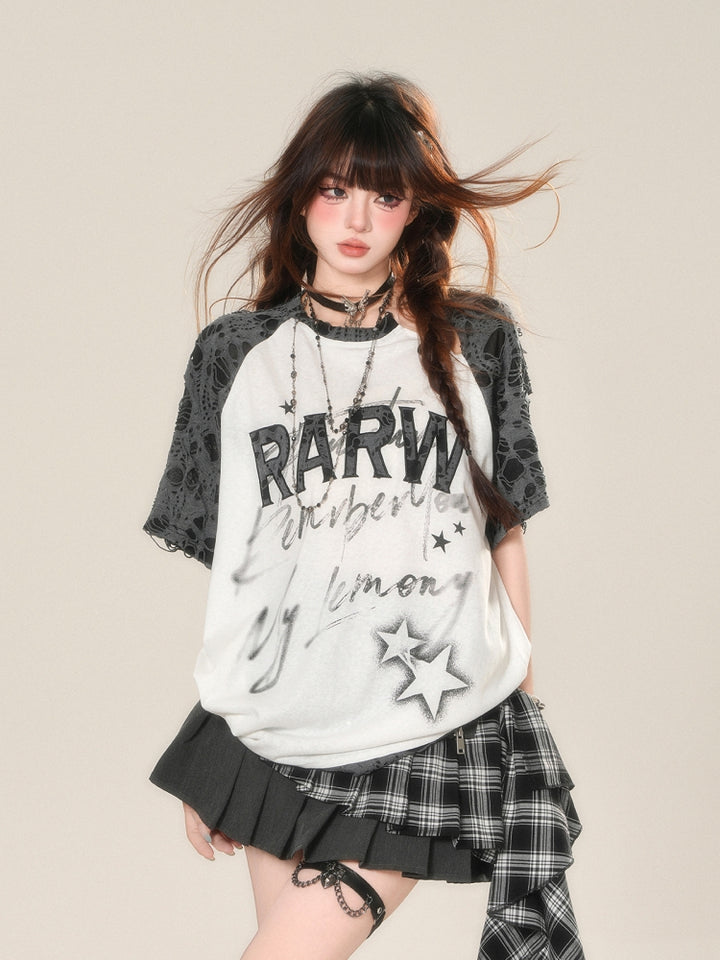American-Style Distressed Short-Sleeve Embroidered Top