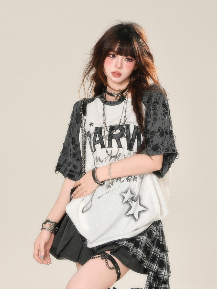 American-Style Distressed Short-Sleeve Embroidered Top