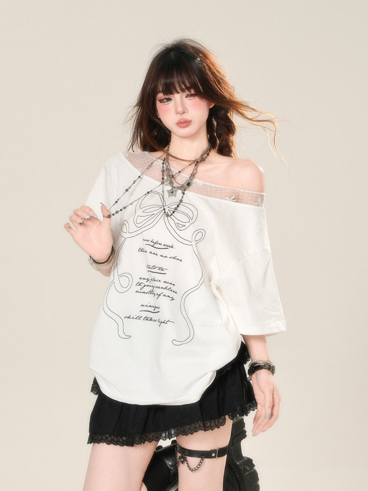 Korean Style Off-Shoulder Loose White T-Shirt