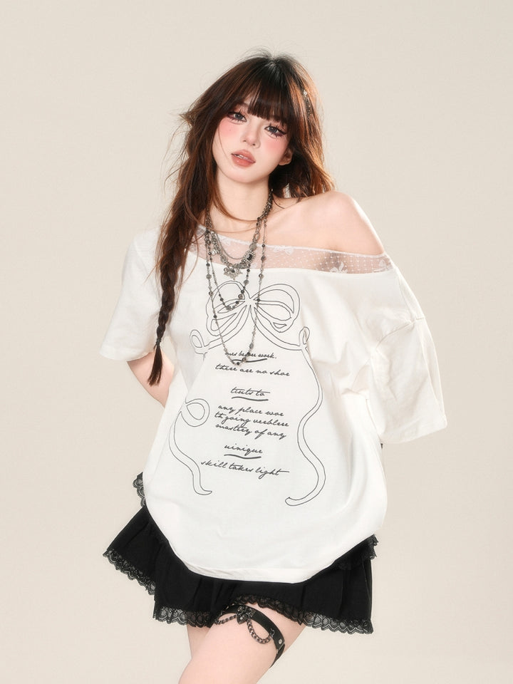 Korean Style Off-Shoulder Loose White T-Shirt