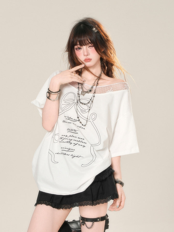 Korean Style Off-Shoulder Loose White T-Shirt