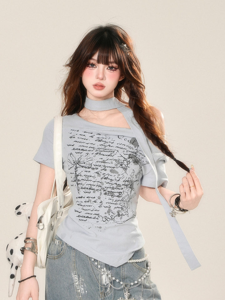 Hot Girl Off-Shoulder Short-Sleeve T-Shirt White/Gray