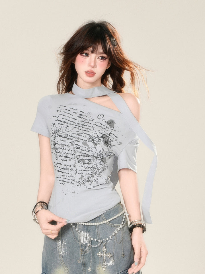 Hot Girl Off-Shoulder Short-Sleeve T-Shirt White/Gray
