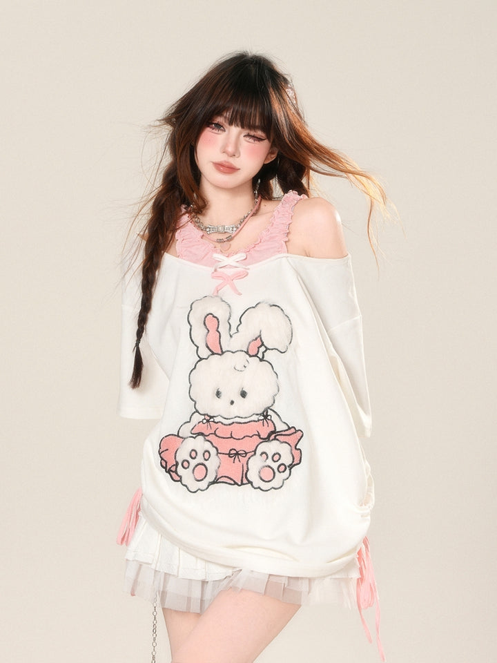 Korean-Style Rabbit Embroidered Short-Sleeve Off-Shoulder White Top