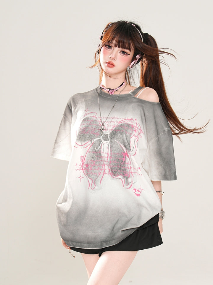 Korean-Style Bow Print Off-Shoulder Gray Top