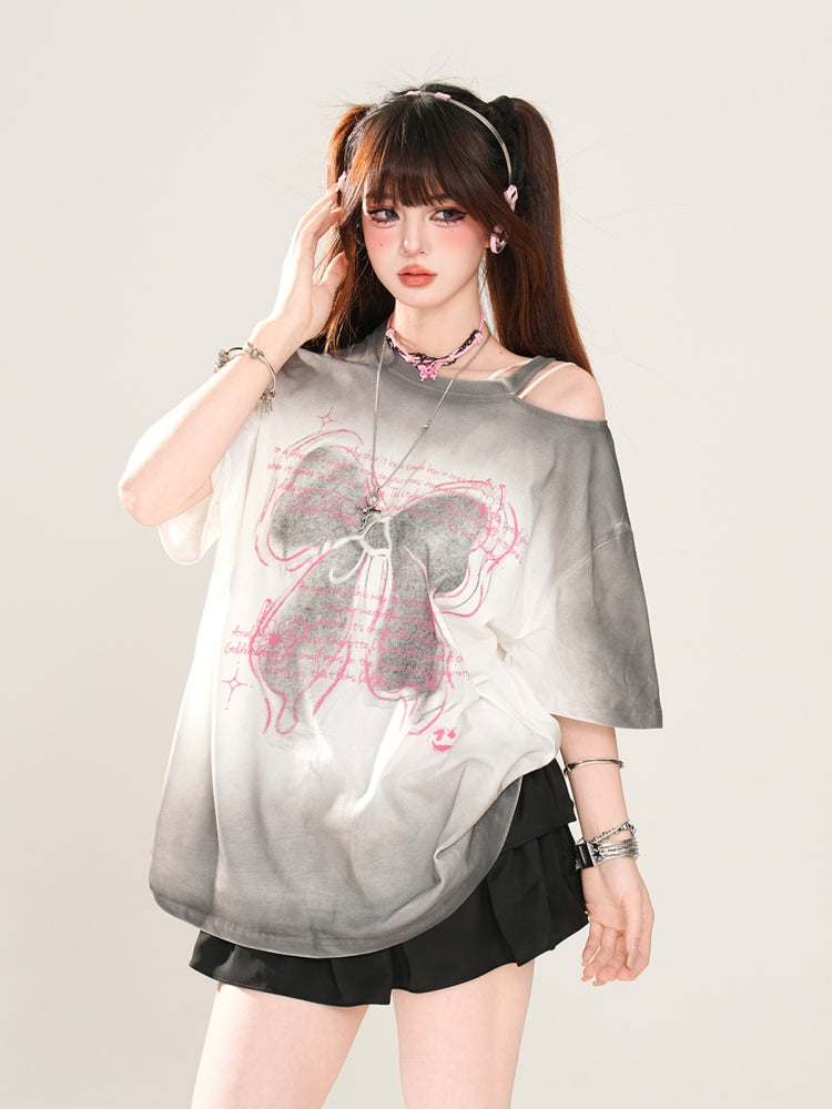 Korean-Style Bow Print Off-Shoulder Gray Top