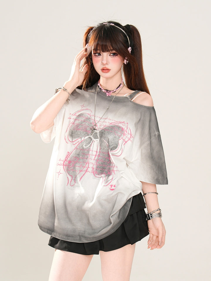 Korean-Style Bow Print Off-Shoulder Gray Top