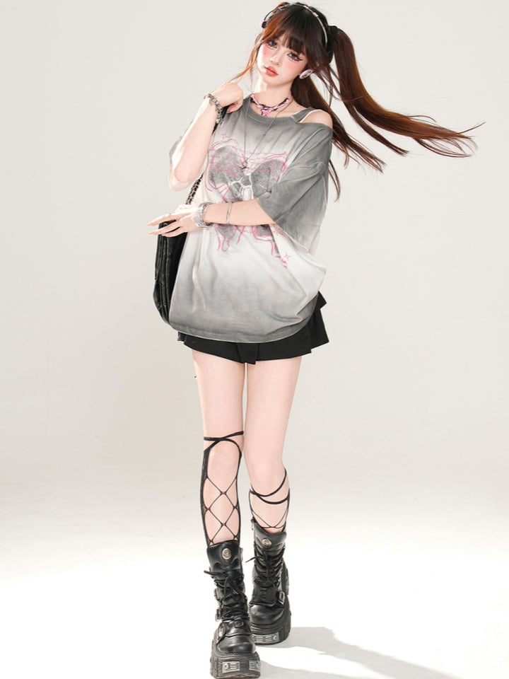 Korean-Style Bow Print Off-Shoulder Gray Top