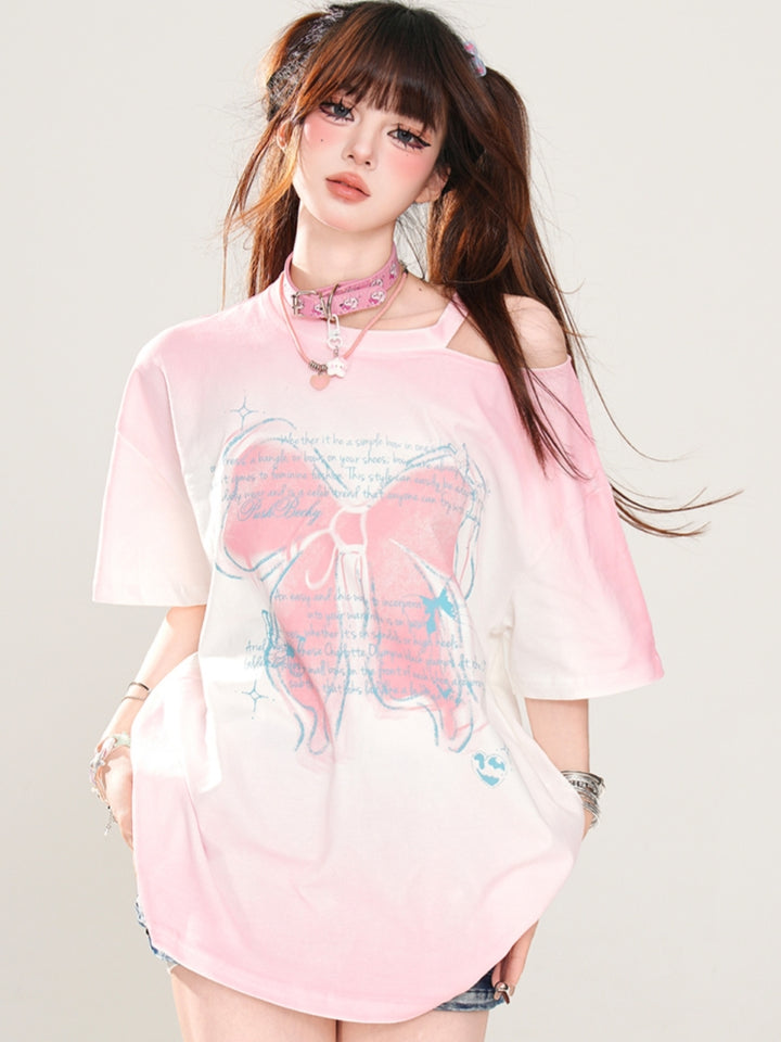 Korean-Style Bow Print Off-Shoulder Pink Rose Red Top
