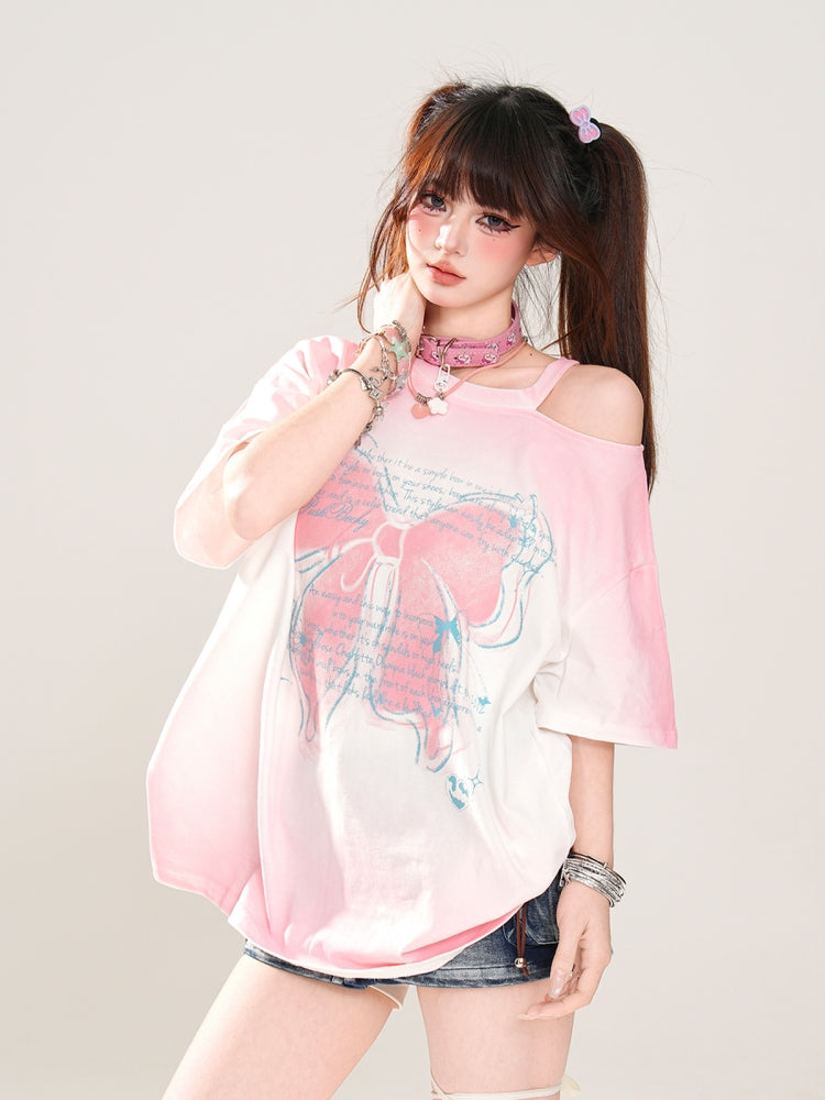 Korean-Style Bow Print Off-Shoulder Pink Rose Red Top