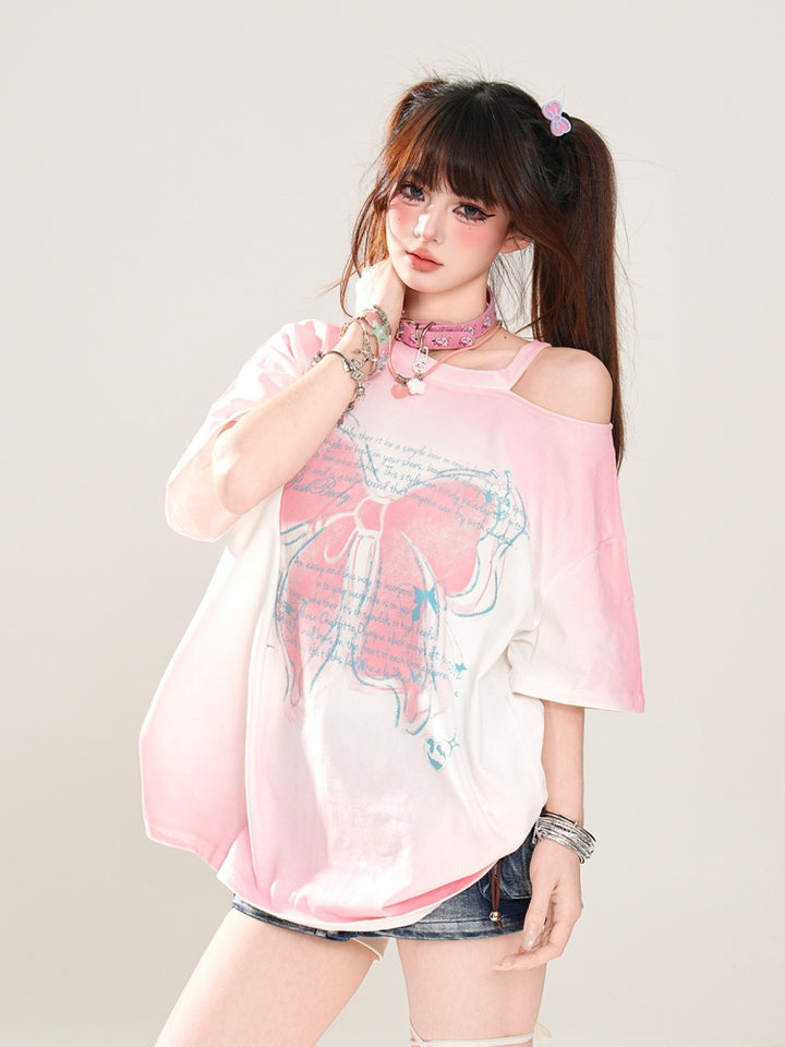 Korean-Style Bow Print Off-Shoulder Pink Rose Red Top