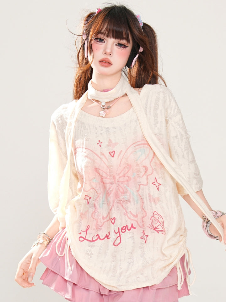 Korean-Style Butterfly Print Distressed T-Shirt