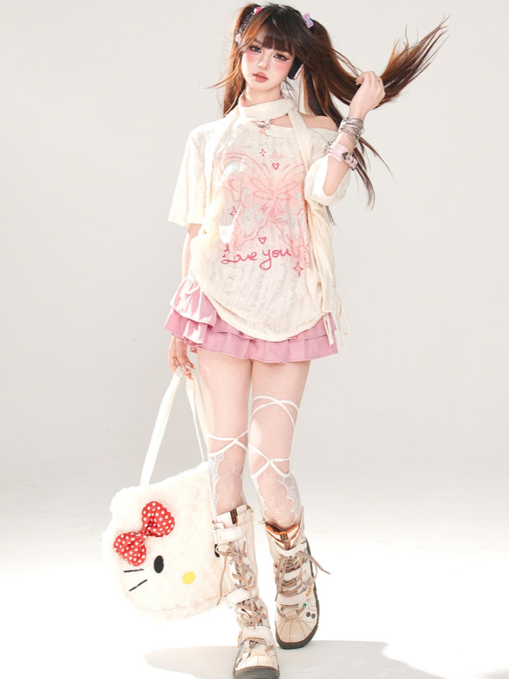 Korean-Style Butterfly Print Distressed T-Shirt