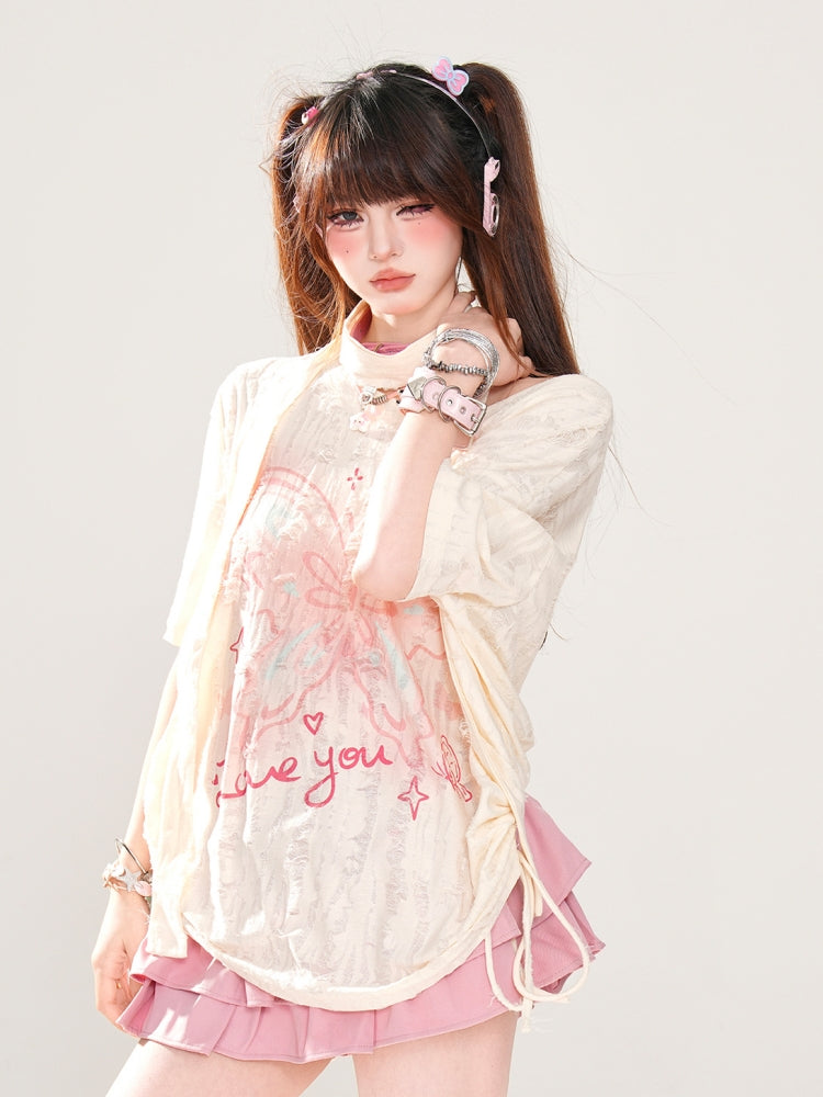 Korean-Style Butterfly Print Distressed T-Shirt
