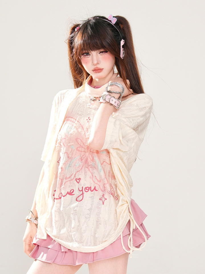Korean-Style Butterfly Print Distressed T-Shirt