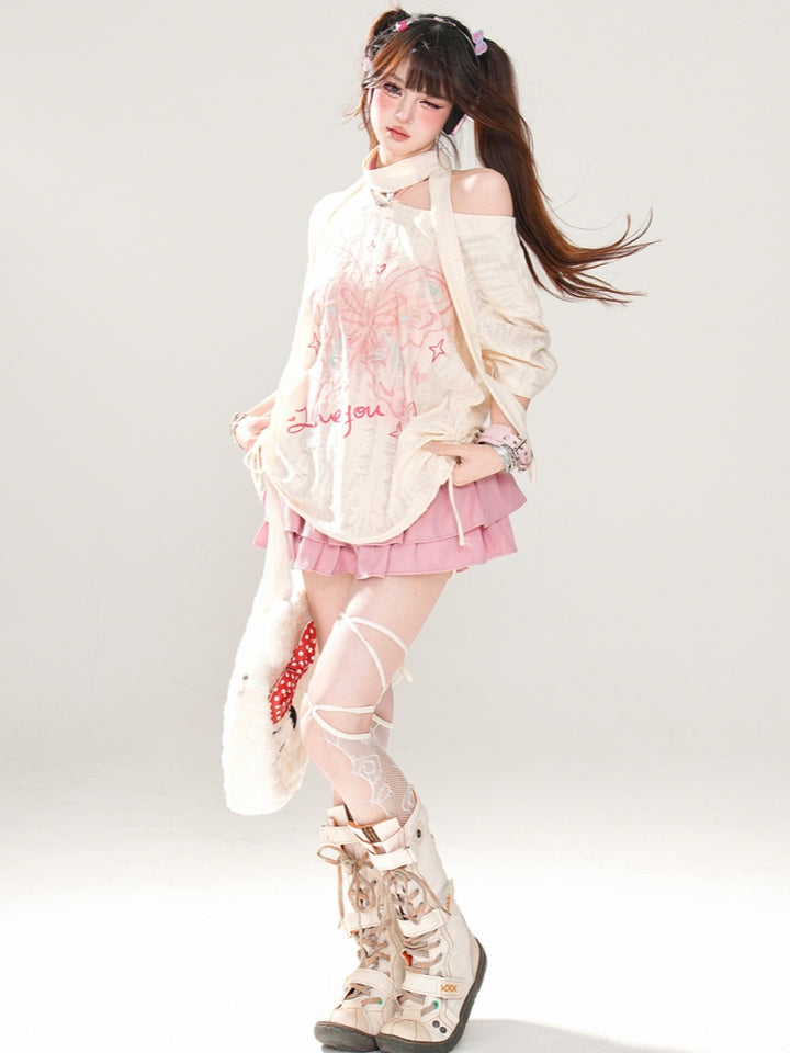 Korean-Style Butterfly Print Distressed T-Shirt