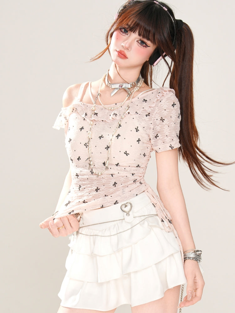 Sheer Short-Sleeve Off-Shoulder Crop Pink T-Shirt