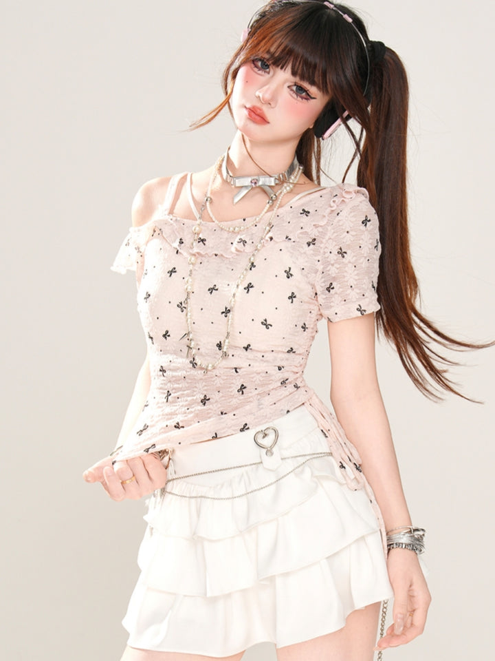 Sheer Short-Sleeve Off-Shoulder Crop Pink T-Shirt