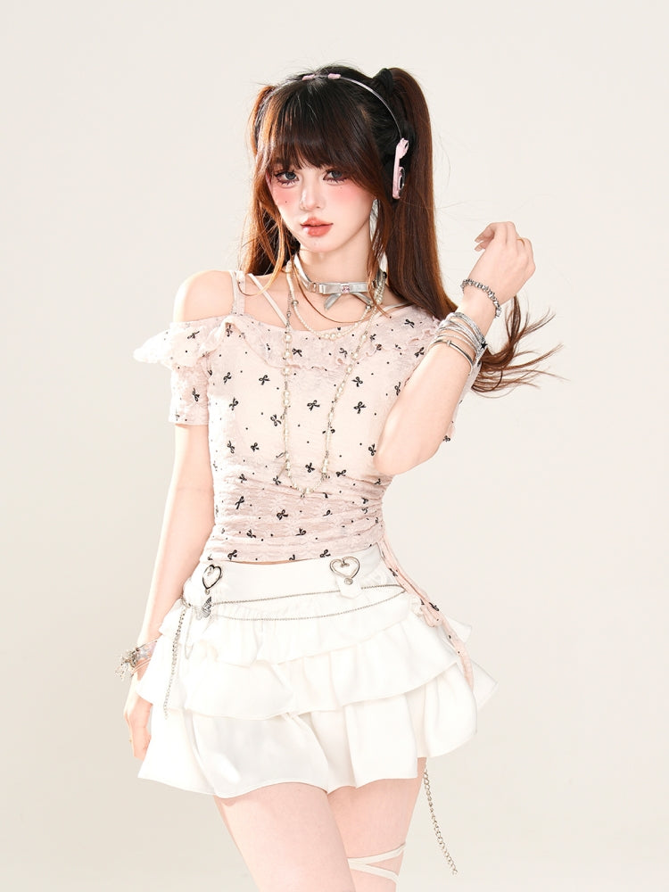 Sheer Short-Sleeve Off-Shoulder Crop Pink T-Shirt