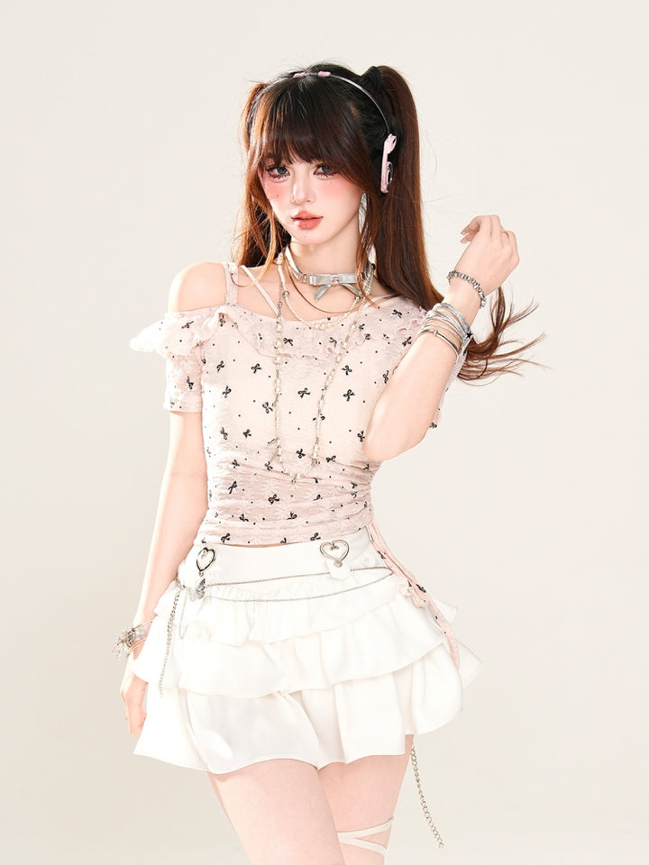 Sheer Short-Sleeve Off-Shoulder Crop Pink T-Shirt