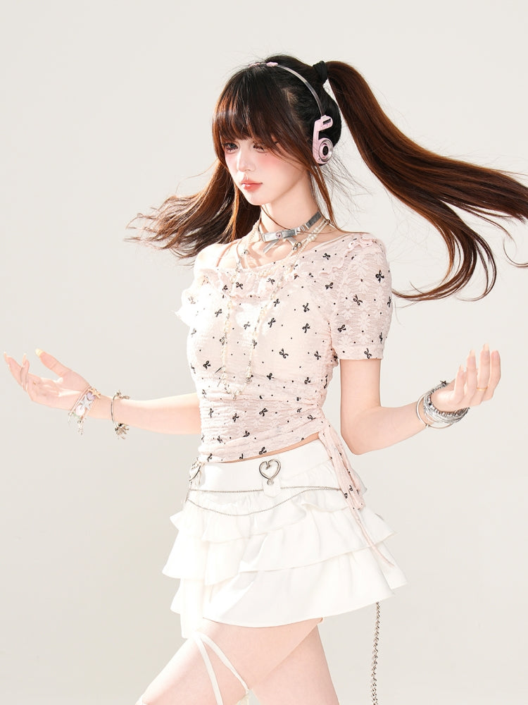Sheer Short-Sleeve Off-Shoulder Crop Pink T-Shirt