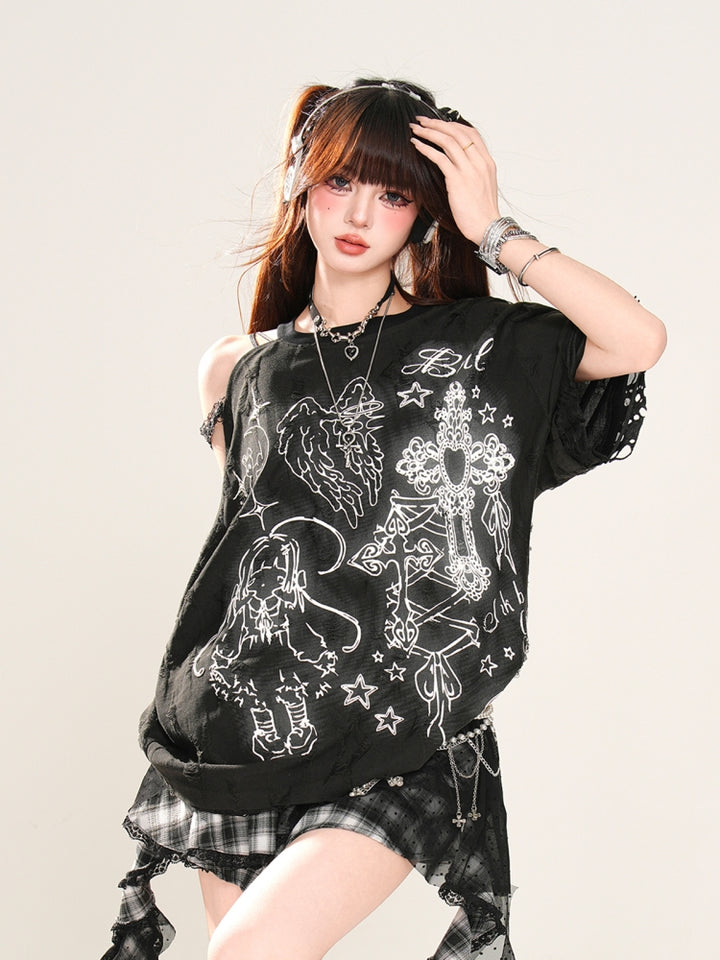 Korean Lazy Style Off-Shoulder Short-Sleeve Black T-Shirt