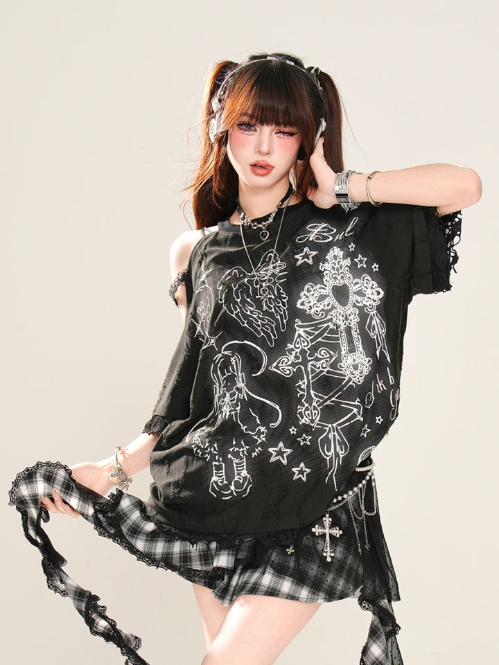 Korean Lazy Style Off-Shoulder Short-Sleeve Black T-Shirt