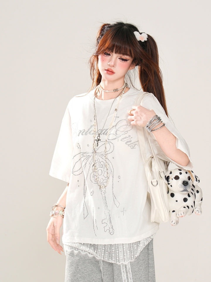 Sweet Short-Sleeve Lace Loose White T-Shirt
