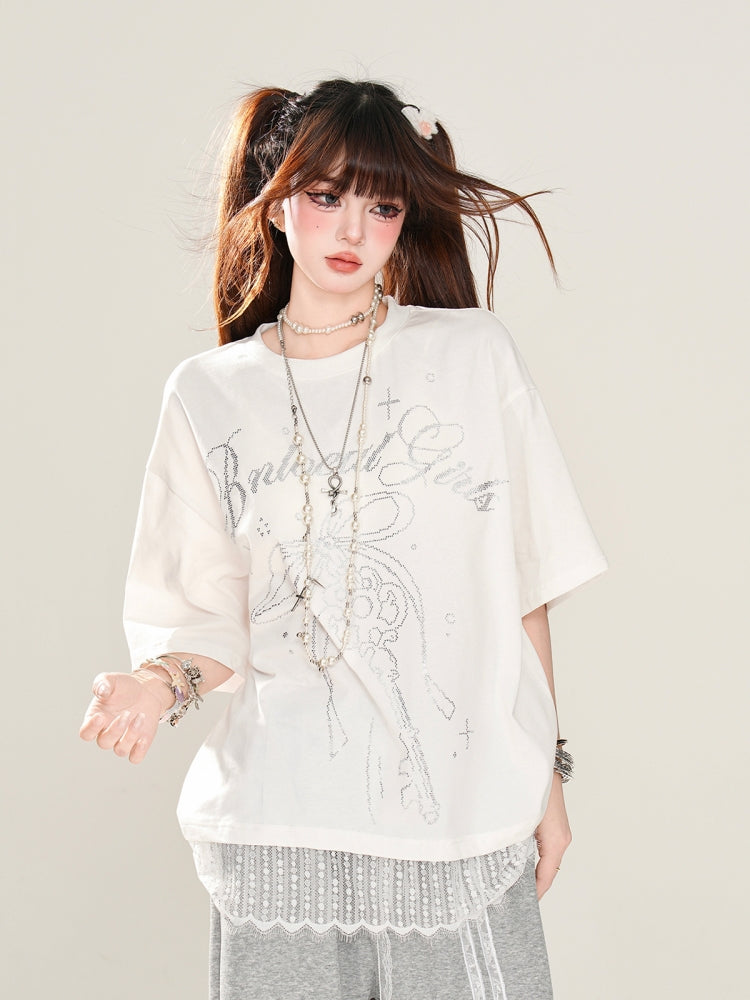 Sweet Short-Sleeve Lace Loose White T-Shirt