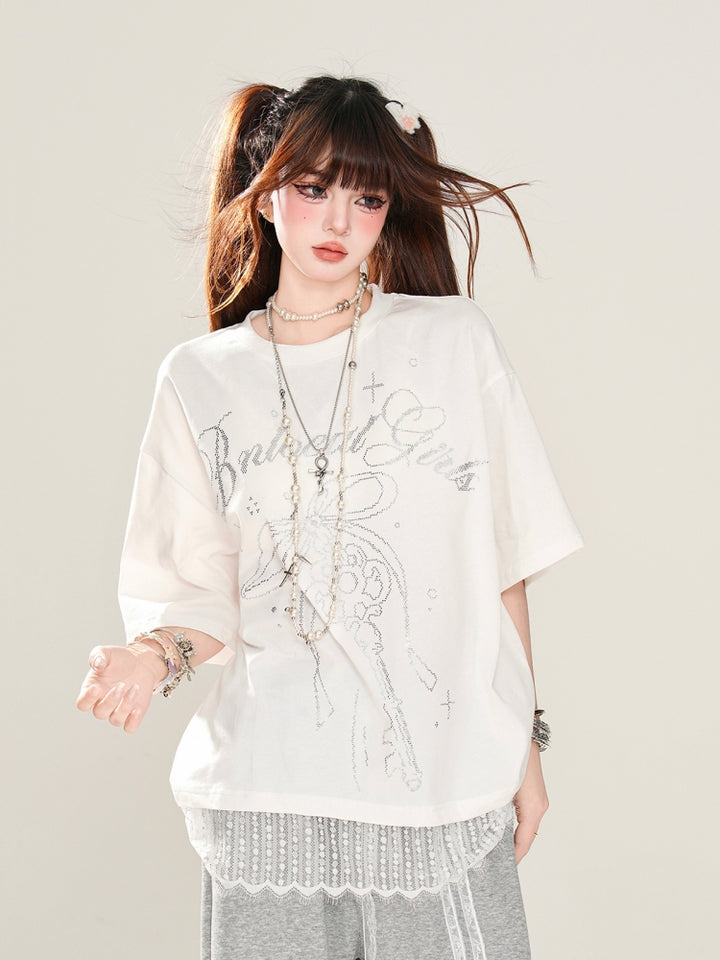 Sweet Short-Sleeve Lace Loose White T-Shirt