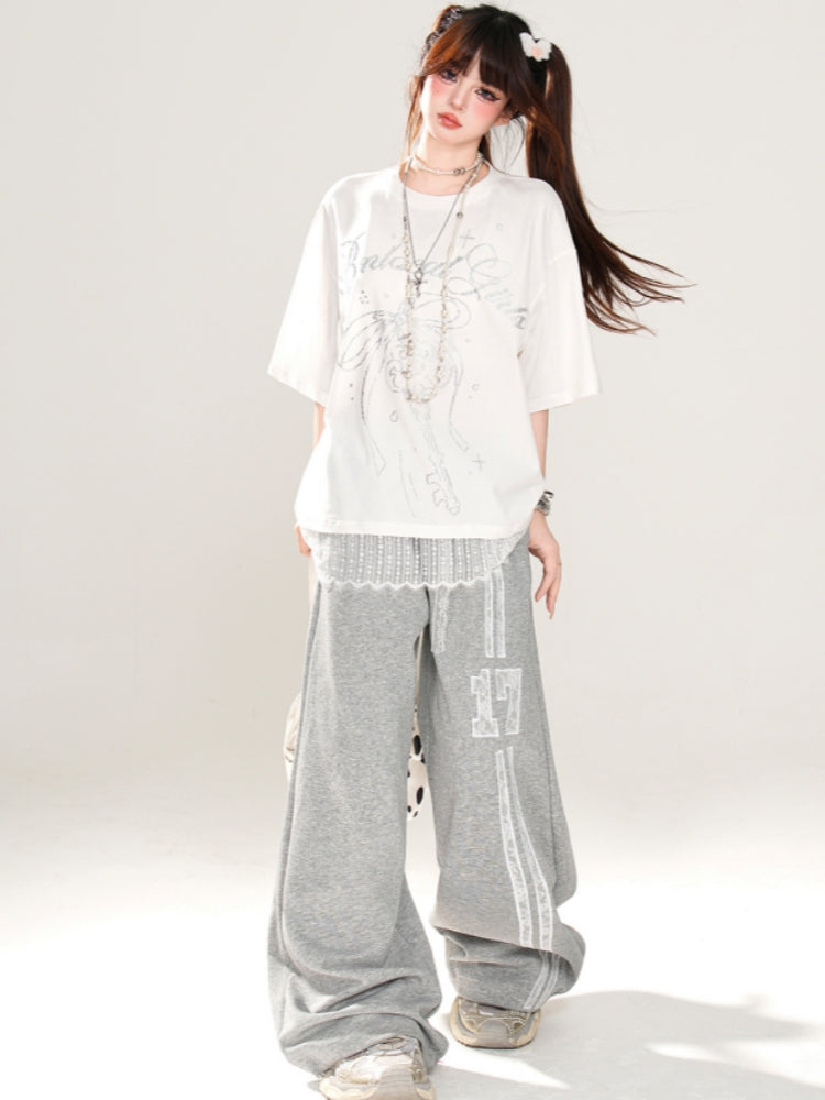 Sweet Short-Sleeve Lace Loose White T-Shirt